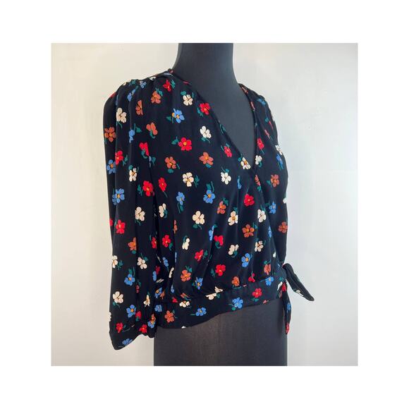 Madewell Black Wrap Top in Pressed Flowers 3/4 Sleeve Cropped Size S - Picture 2 of 10